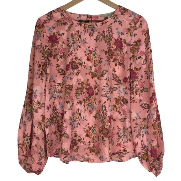 LOFT Tops - LOFT Blouse Top Floral Paisley Textured Long Sleeve Keyhole Draped Sleeves Small